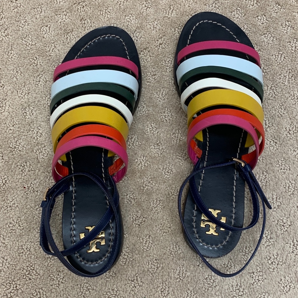 Tory Burch leather multi color strappy flat sandals